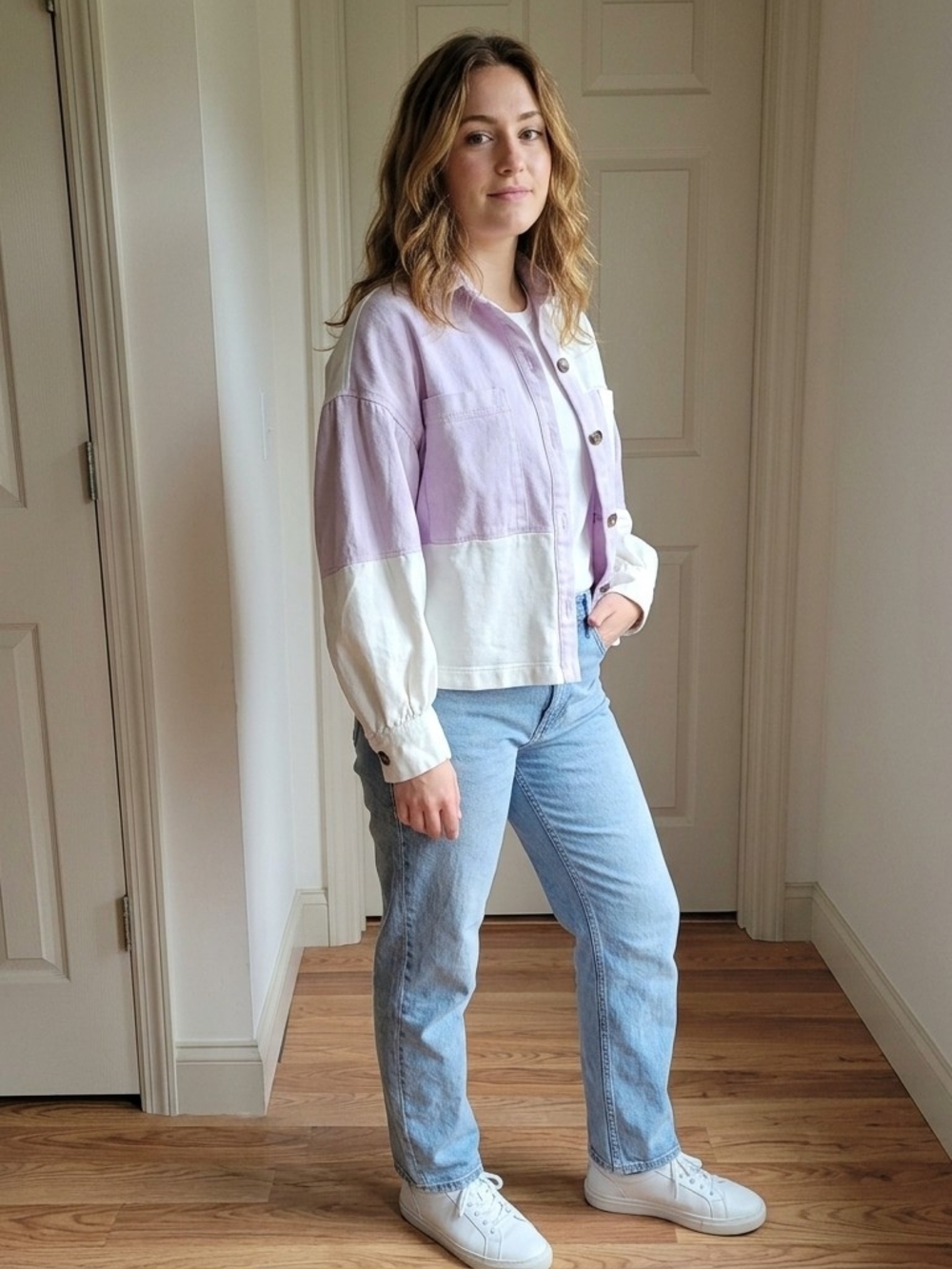 Listicle Pastel Colorblock Denim Shacket Lavender Cream Oversized Jacket Size S